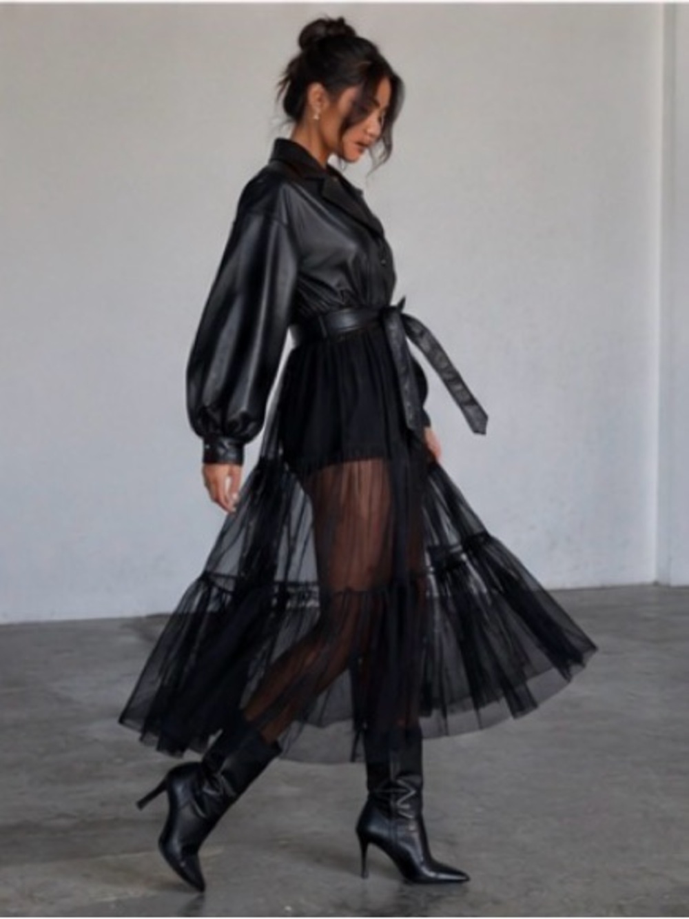 AKIRA Faux Leather & Sheer Chiffon Trench Coat Dress Black Sz S Edgy Gothic - Picture 4 of 12
